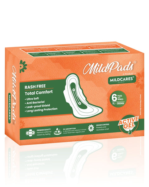 Mildcares Pad Ultra-thin Sanitary Pads XL- Advanced Protection with Anion Chip Technology | Leak-proof shield | Rash Free | Anti-Bacterial | Total Comfort XL 280mm (Pack 0f 6)
