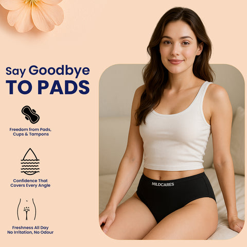 MILDCARES Reusable Period Panty for Women | Hipster Leak-Proof Underwear for Medium to Heavy Flow | 12-Hour Absorbent Full Coverage | Comfortable Maternity & Postpartum Protection – Black