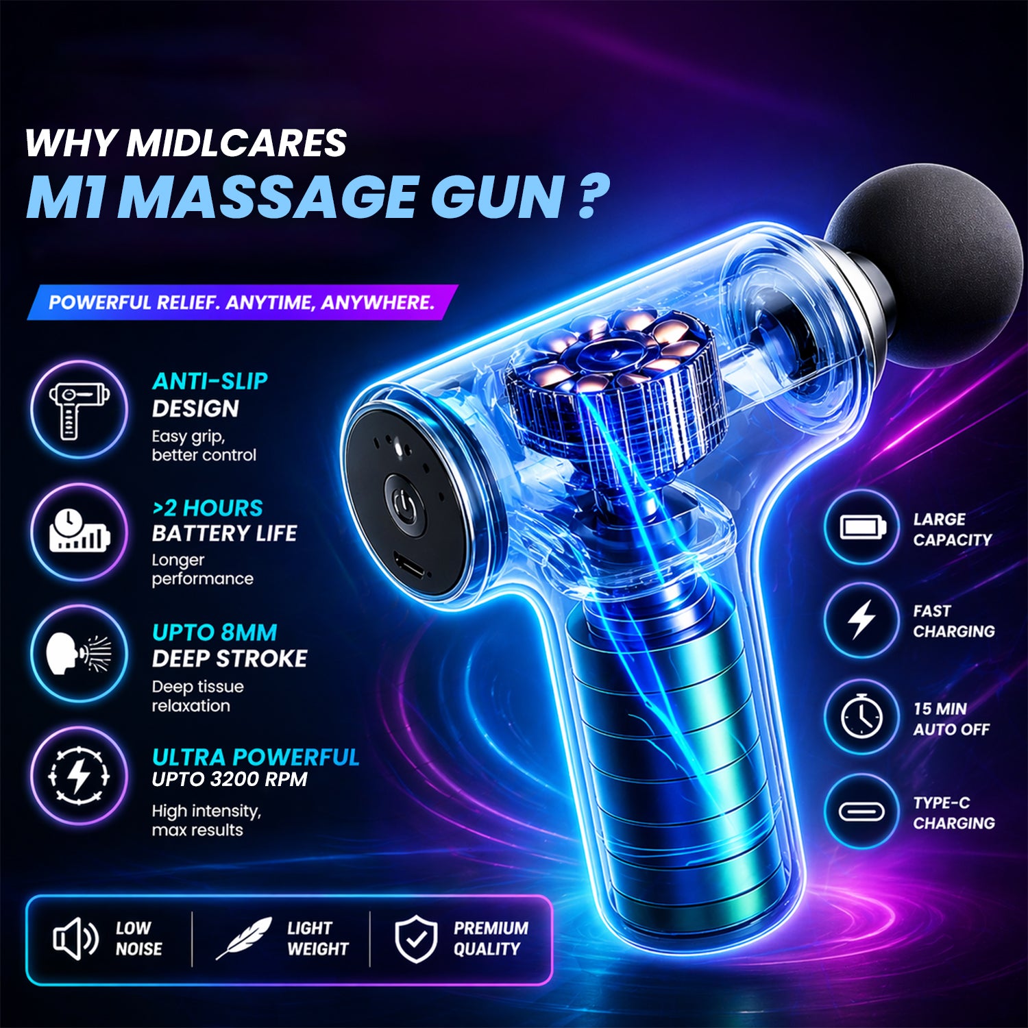 M1 Electric Massage Gun – 6 Speed, Silent Motor