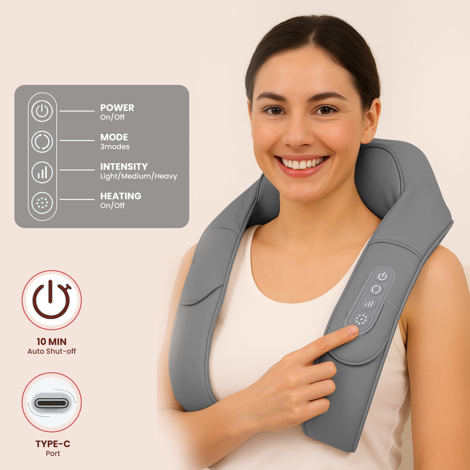 4D Shiatsu Neck & Shoulder Massager with Heat Grey