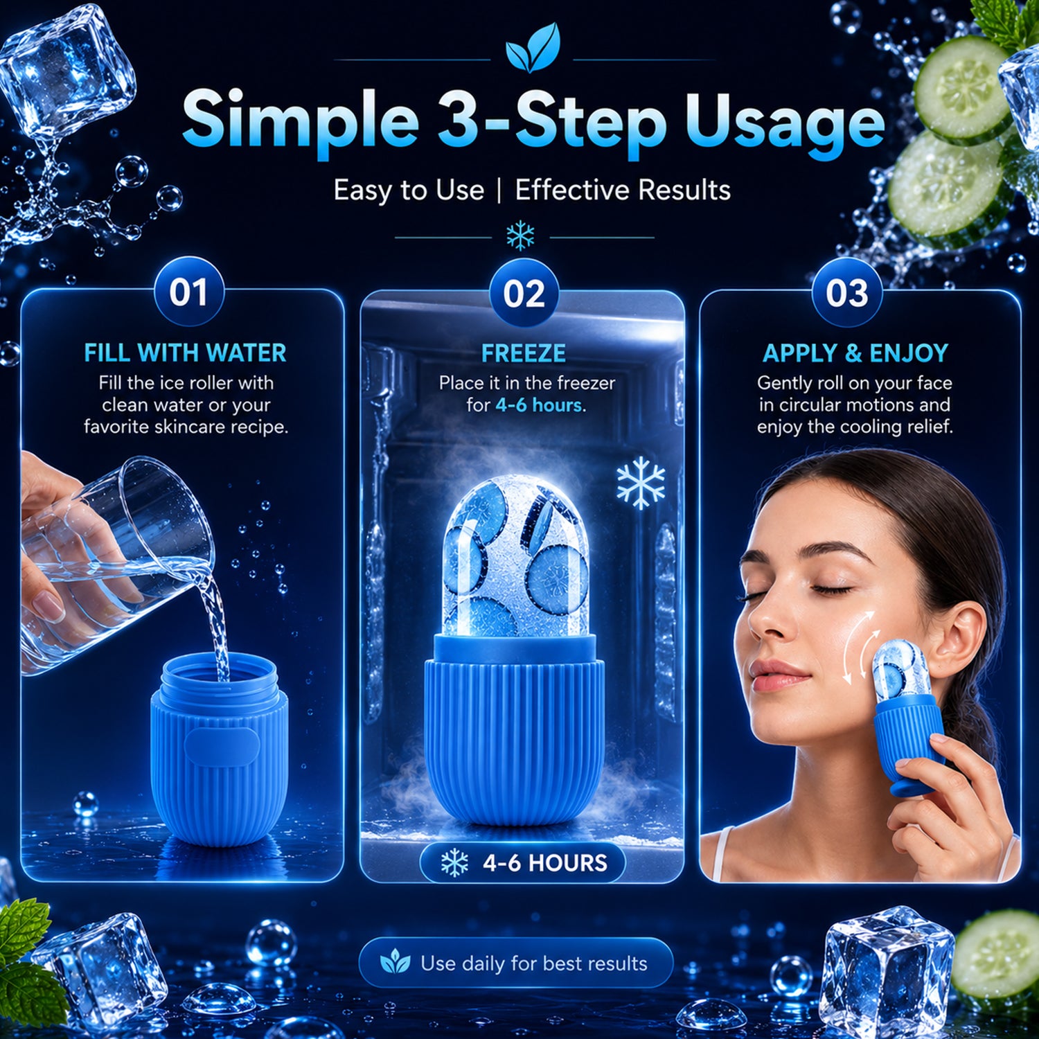 Face Ice Roller for Puffy Eyes, Acne & Skin Tightening | Reusable Cold Therapy Massager