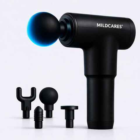 Mildcares Full Body Massager Gun for Pain Relief | Deep Tissue Therapy | 6-Speed Settings, 4 Heads, Rechargeable Silent Motor – Electric Massager for Pain Relief Massager  (Black)