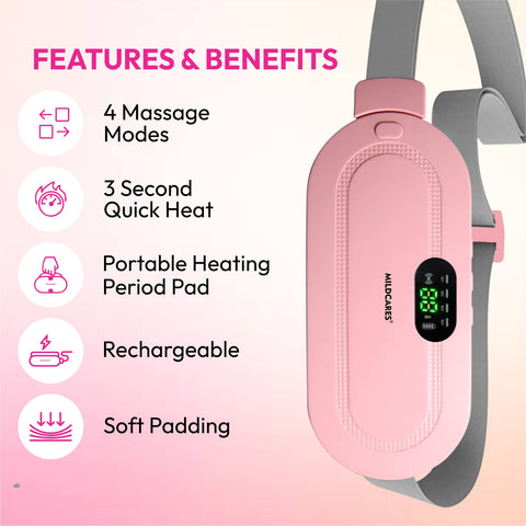Mildcares Period Pain Relief Massager with Heating Pad | Cordless Menstrual Cramp Belt for Women & Girls Rechargeable Electric Massager Portable & Adjustable Heat Therapy Massager